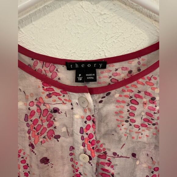 Theory Floral Pink Sheer Silk Cotton Blend Tunic Top S/P EUC - Picture 4 of 5